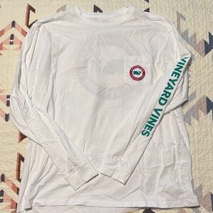 Vineyard Vines White Long Sleeve Pocket Tee with Teal Sleeve Logo